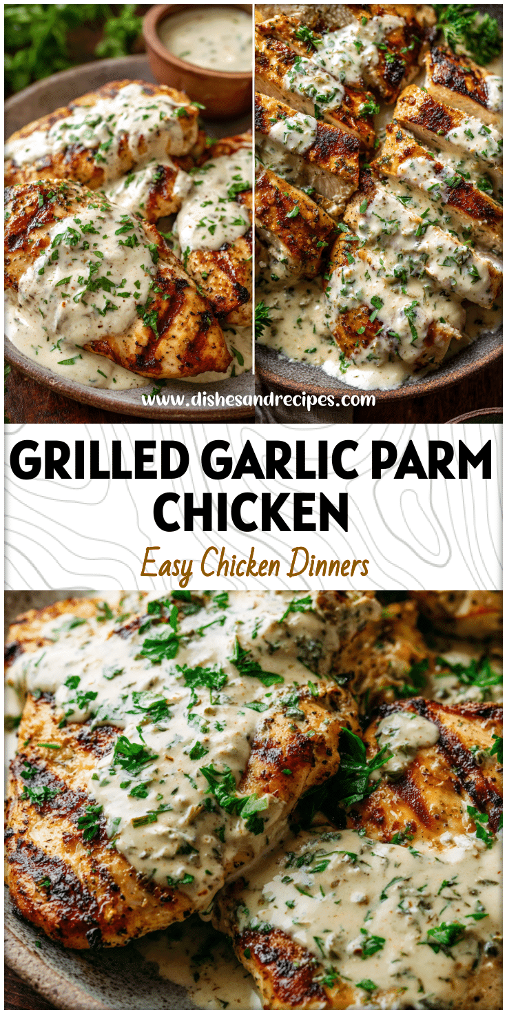 Grilled chicken in rich garlic parmesan cream sauce garnished with parsley on a rustic plate.